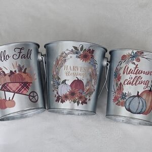 Hobby Lobby Fall Harvest Metal Buckets - Silver, Orange, Blue
